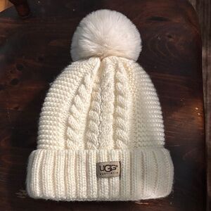 UGG Ivory Cable Knit Pom-Pom Hat
